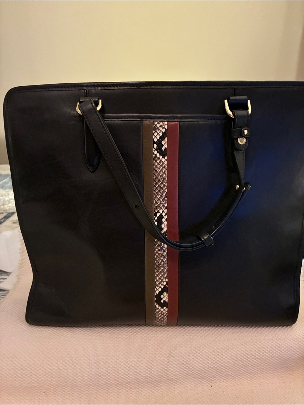 Brahmin Tia Black LeatherTote with Snake-Print Accent-NWOT